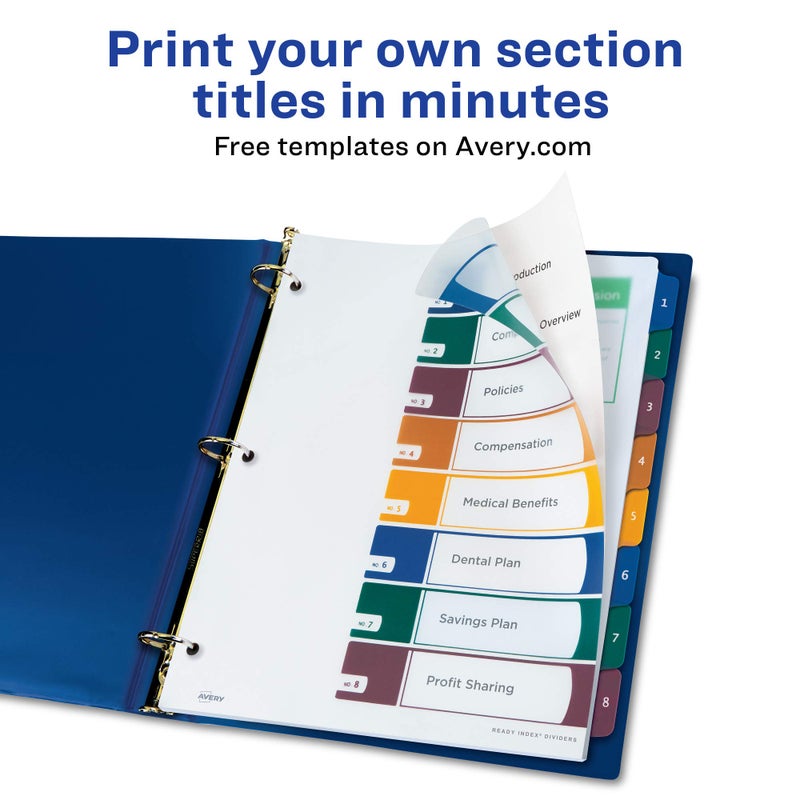 Avery Plastic 8 Tab Binder Dividers, Customizable Table of Contents, Multicolor Tabs, 1 Set (11817) - Image 3